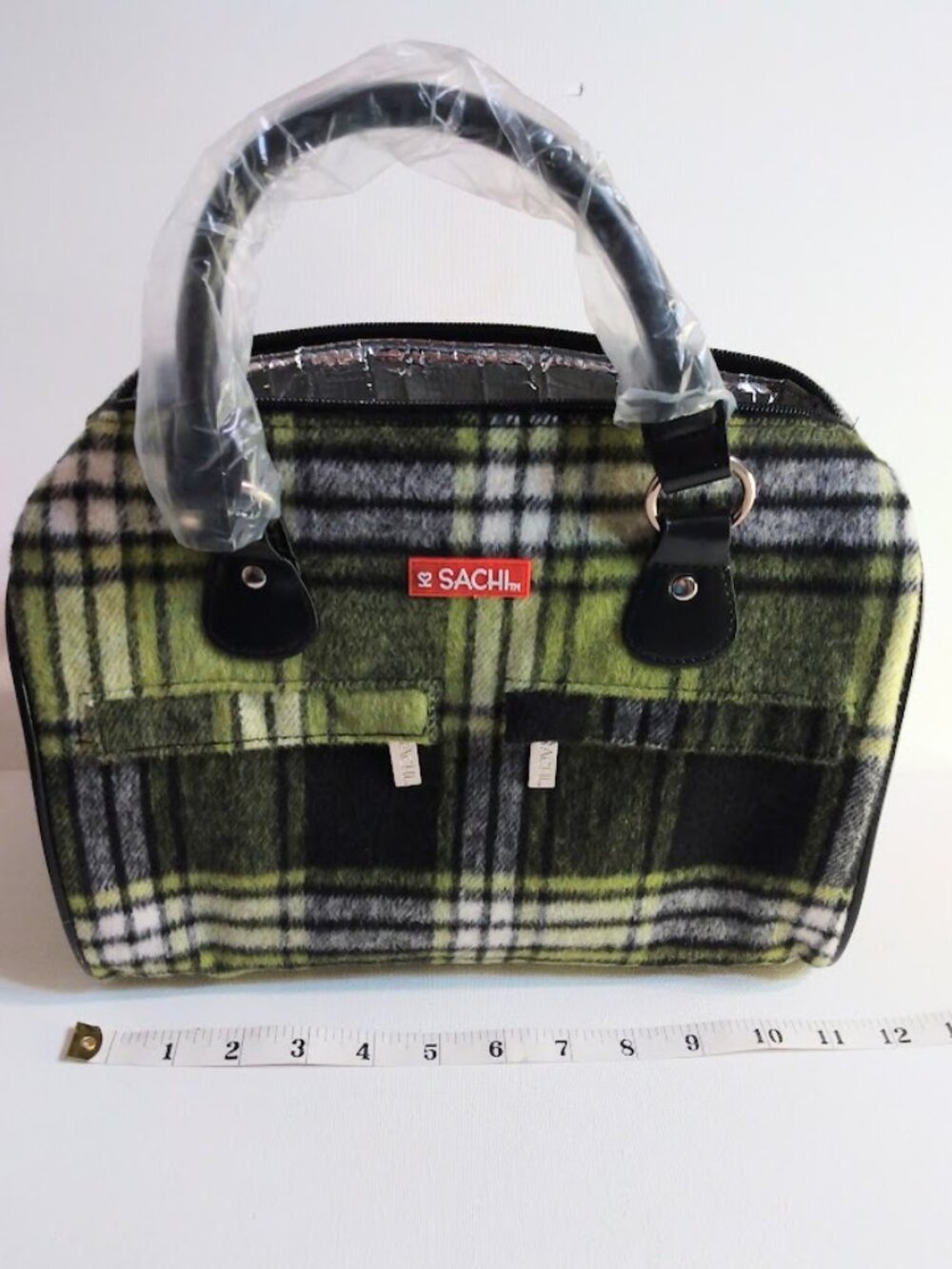 SACHI Insulated Lunch Tote Bag Purse Plaid Green Black Flannel Top Handles NEW - Picture 9 of 9